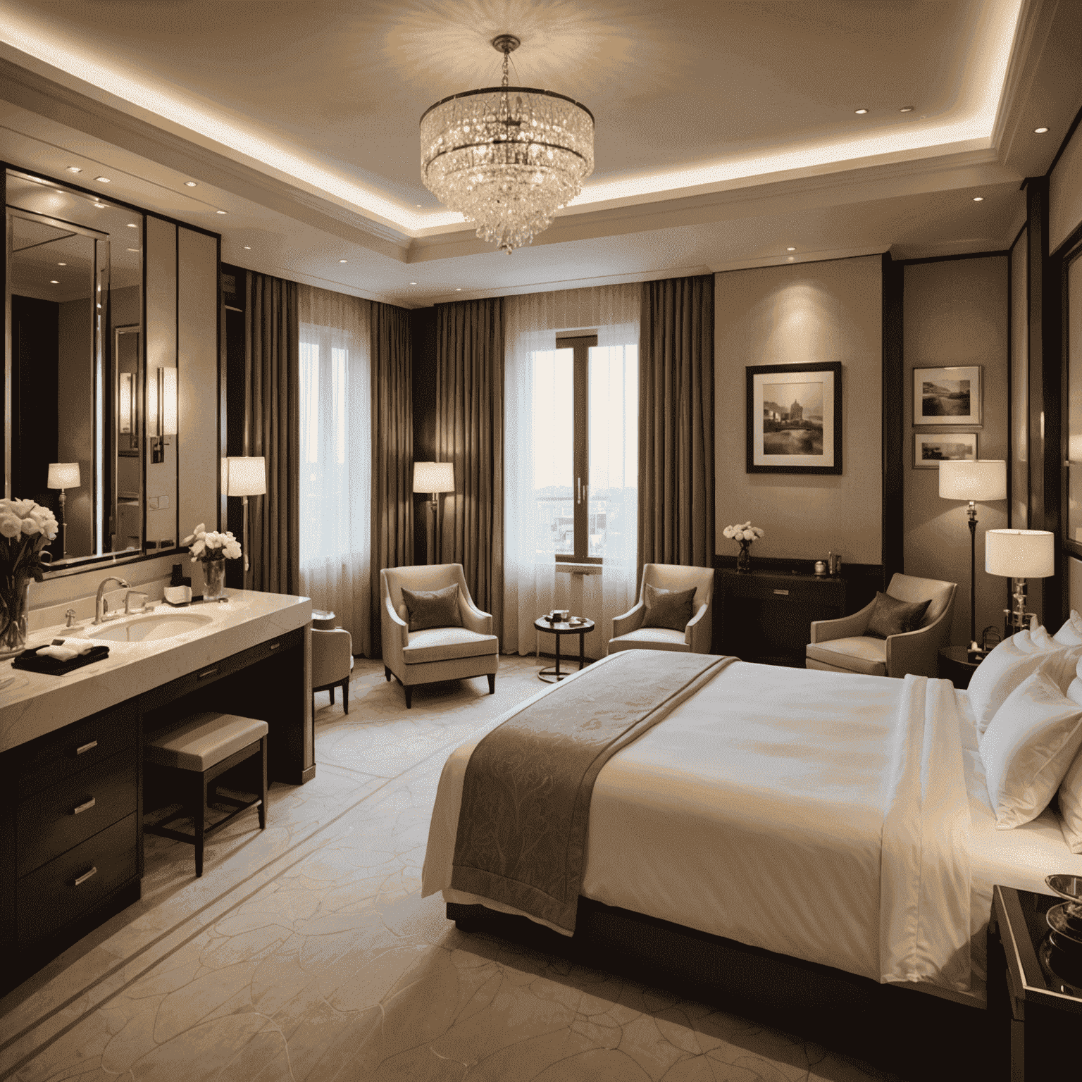 Luksusowy pokój hotelowy z idealnie pościelonym łóżkiem i błyszczącą łazienką